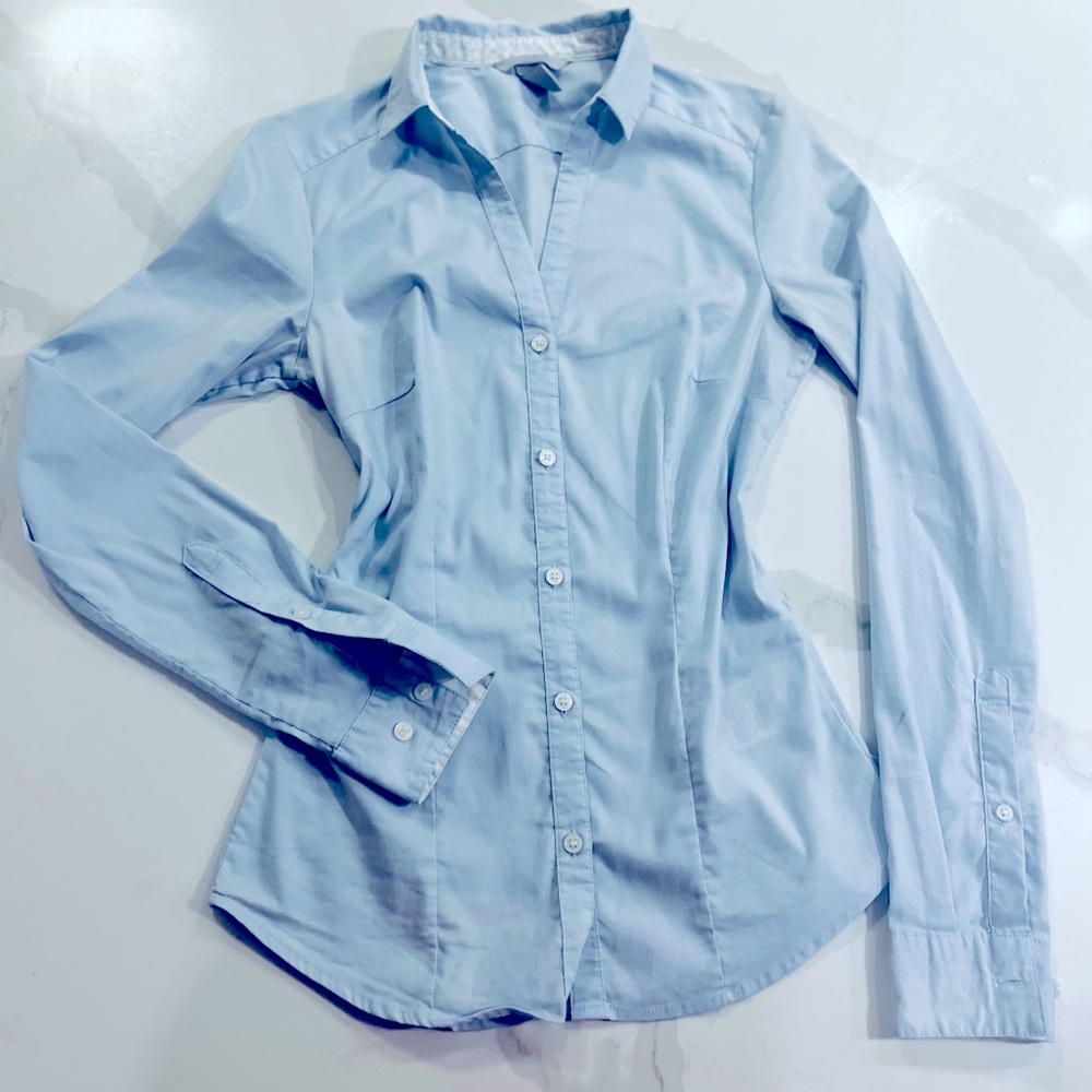 Blue button down long sleeve blouse office size xs
